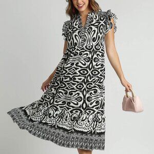 Umgee Full Size Two Tone Border Print Ruffle Cap Sleeve Midi Dress🆕